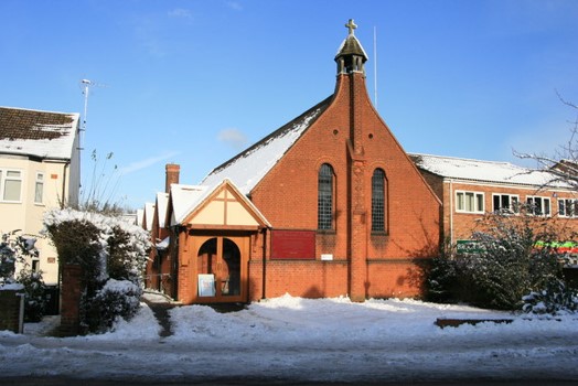 Exterior view of the church in winter