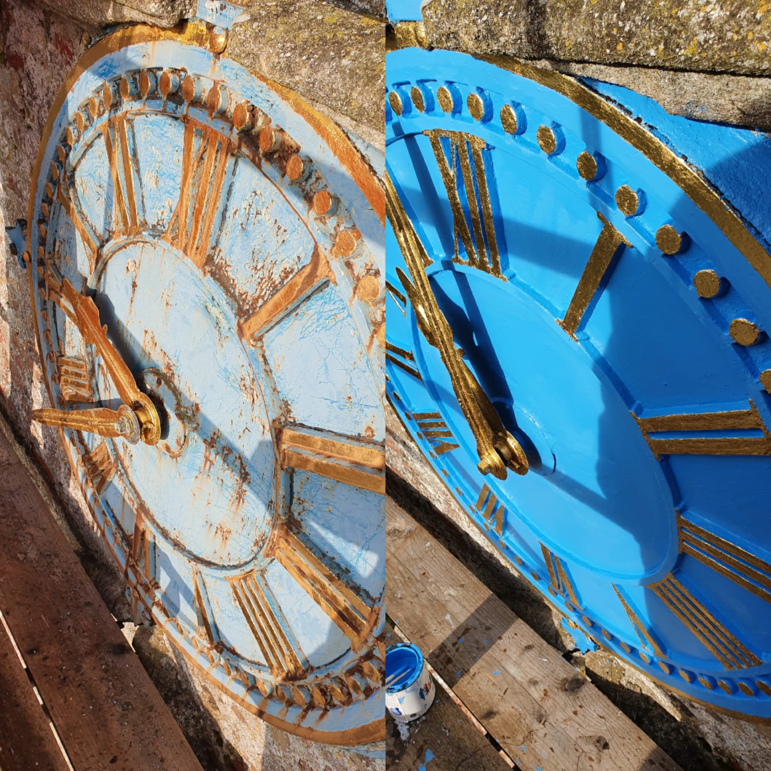 Photograph of clock face before and after work