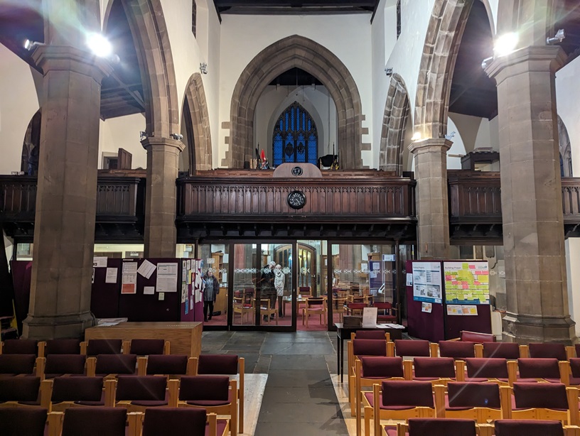 Interior looking west from the nave.