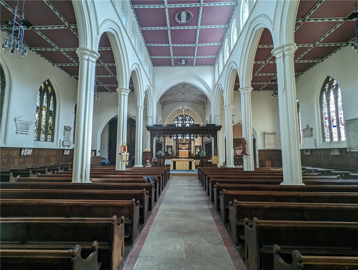 St Mary's, Barnsley. Interior from W end of the nave looking E.