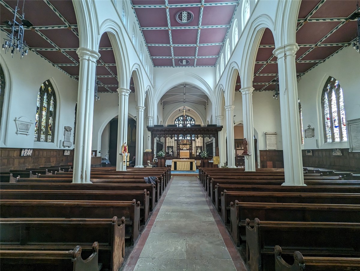 St Mary's, Barnsley interior looking E from W end of the nave.