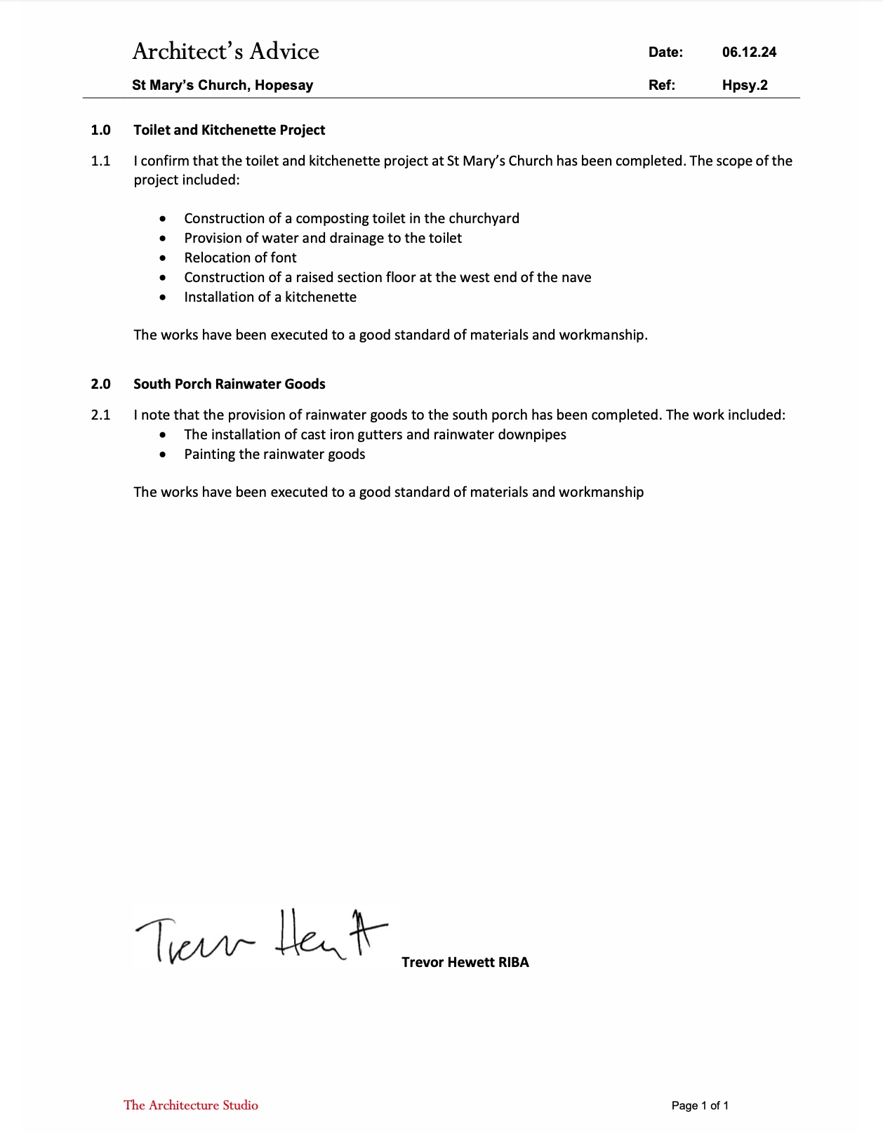 Architect Completion Note