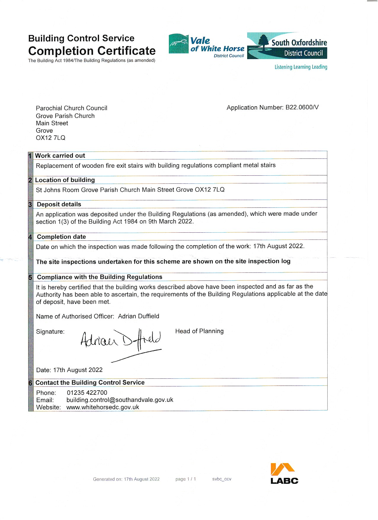 Building Inspection Certificate